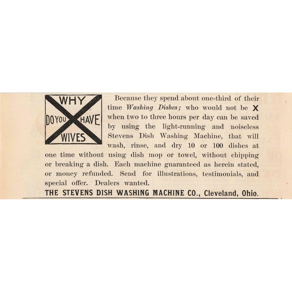 1892 Stevens Dish Washing Machine Co Print Advertisement Cleveland Ohio